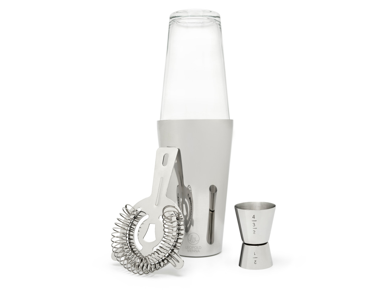 Boston šejkr 4 dílná sada (šejkr, sítko, odměrka, lžíce)