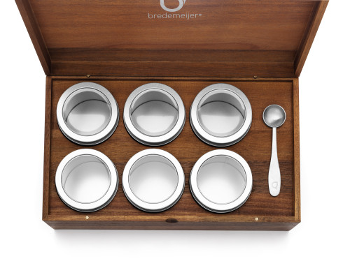 Krabička na čaj z akáciového dřeva (6 dóz na sypaný čaj + odměrka)